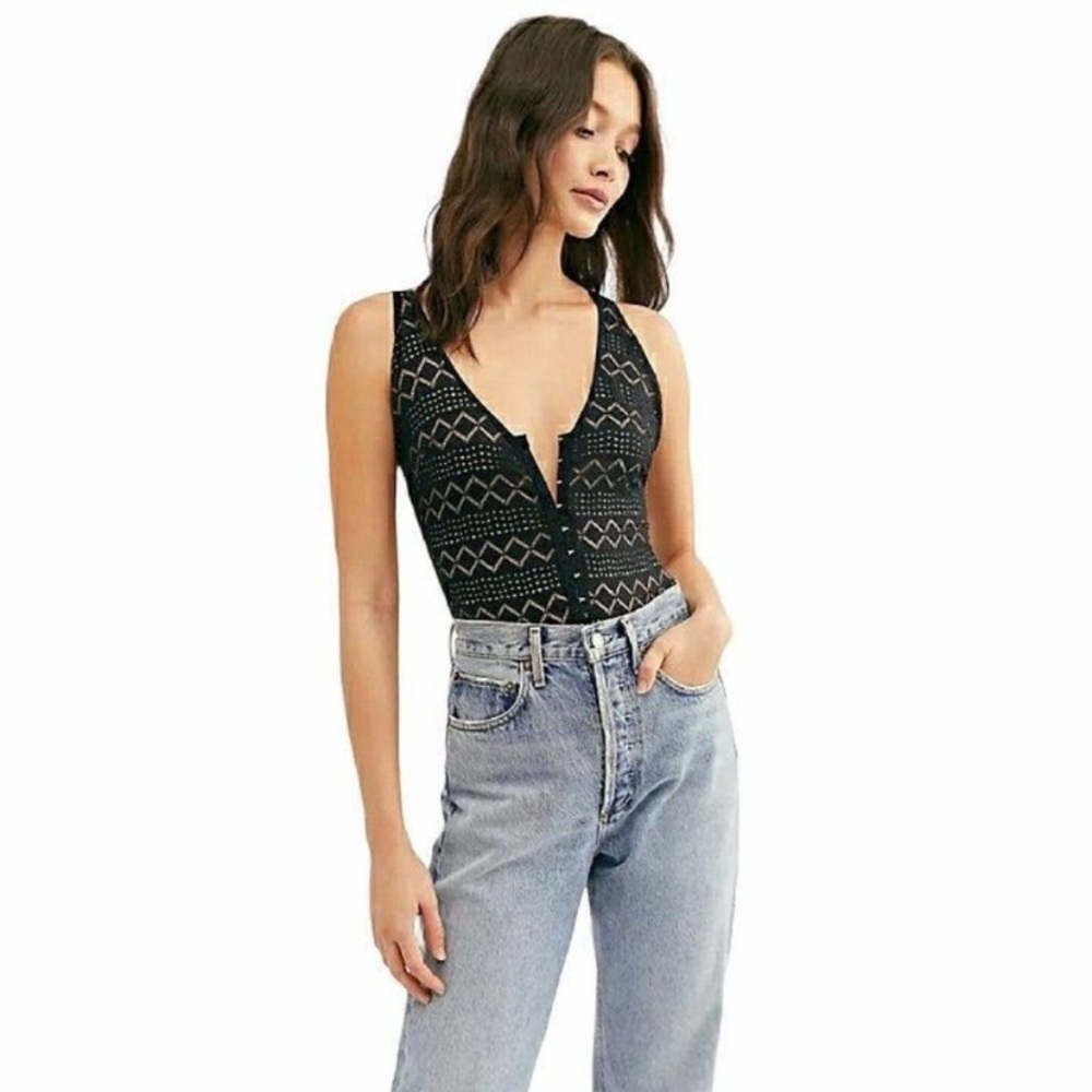 Intimately Free People Thank You Never Lace Thong Bodysuit Hook & Eye Small